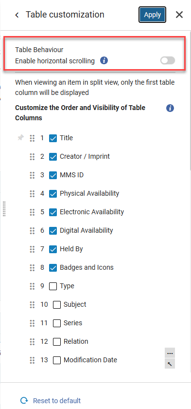 The table horizontal scrolling customization.